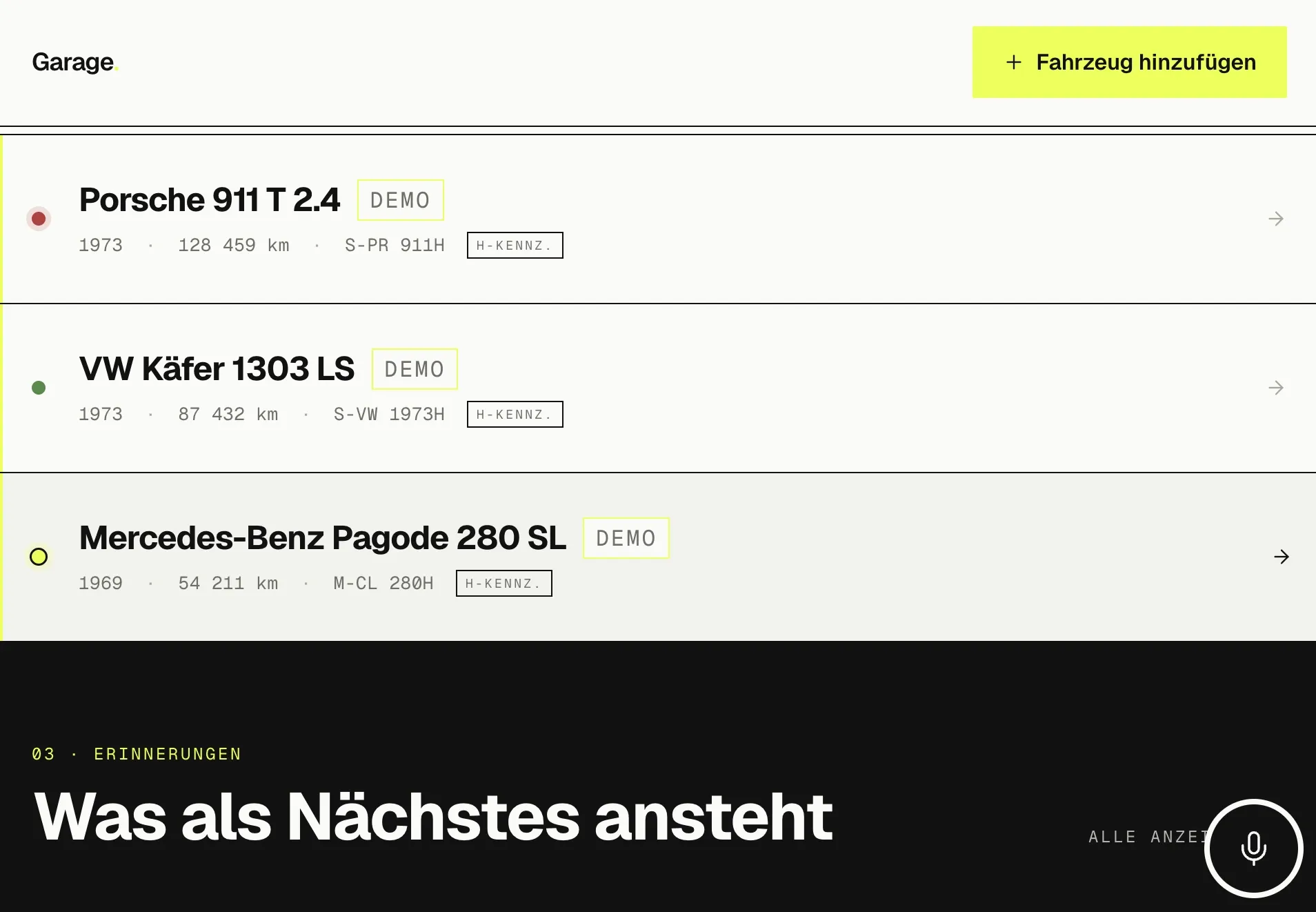 Garage App — Sammlung mit Porsche 911, VW Käfer, Mercedes Pagode